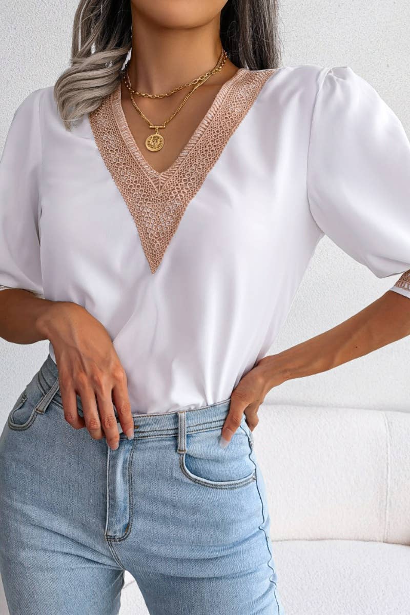 CWTBLS1064_SUMMER LACE V-NECK MID-SLEEVED CHIFFON TOP