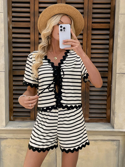 Casual striped and lace patchwork two-piece set
