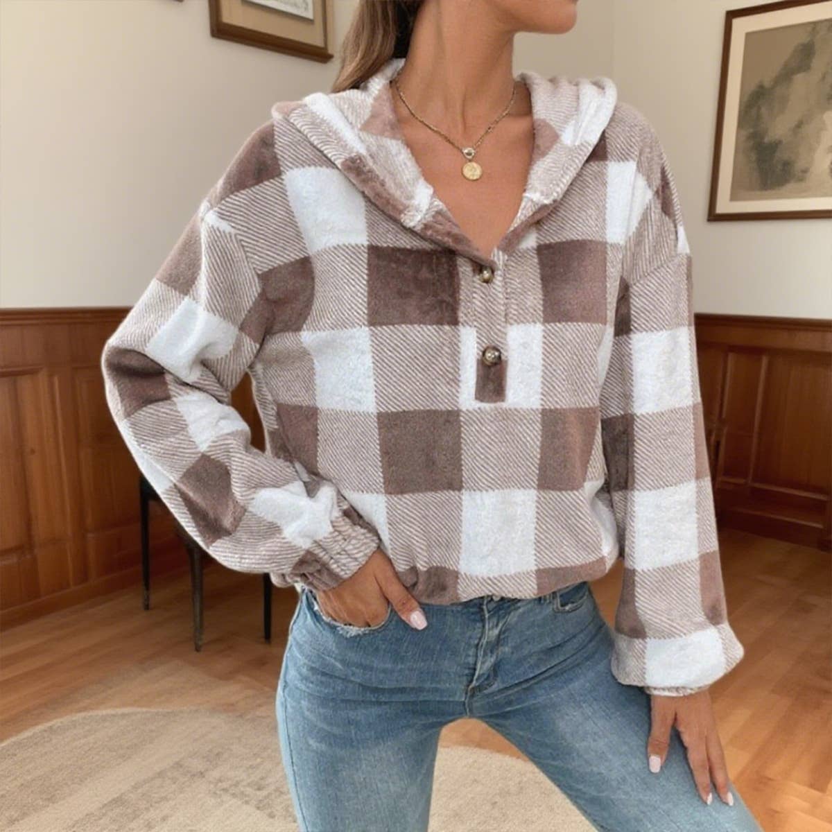 Checkered studs Loose hooded casual sweatshirt