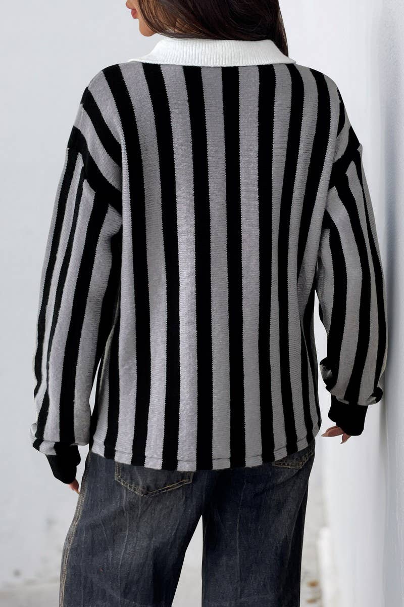 CWOSWL07129_VERTICAL STRIPED LAPEL KNITTED PULLOVER SWEATER