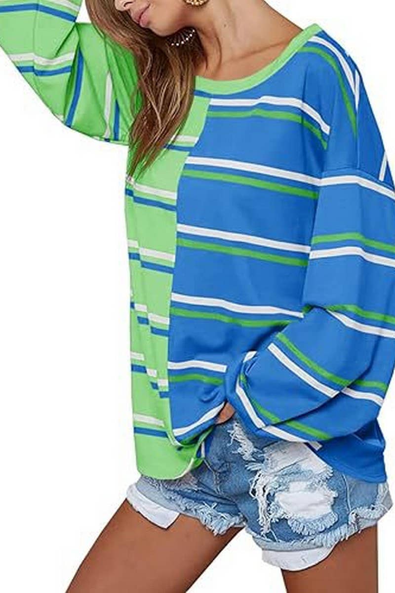 CWTBLL3903_LOOSE CASUAL STRIPED KNIT LONG SLEEVE SWEATSHIRT