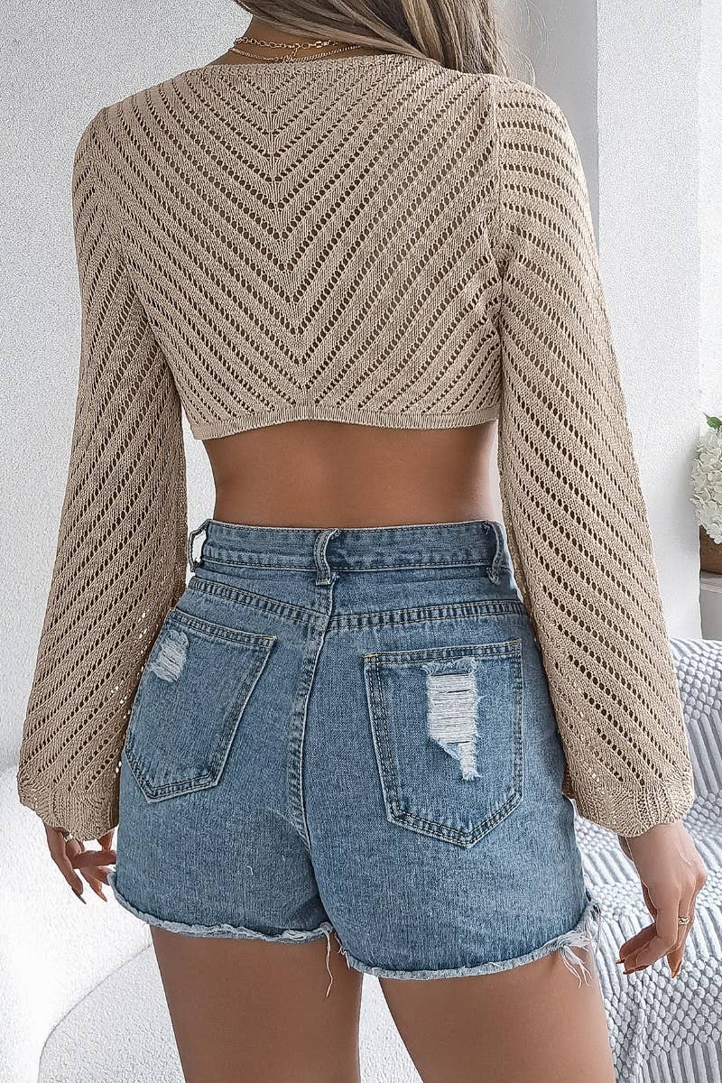 CWTBLL0966_SUMMER KNIT CUTOUT LACE-UP LONG-SLEEVED TOP