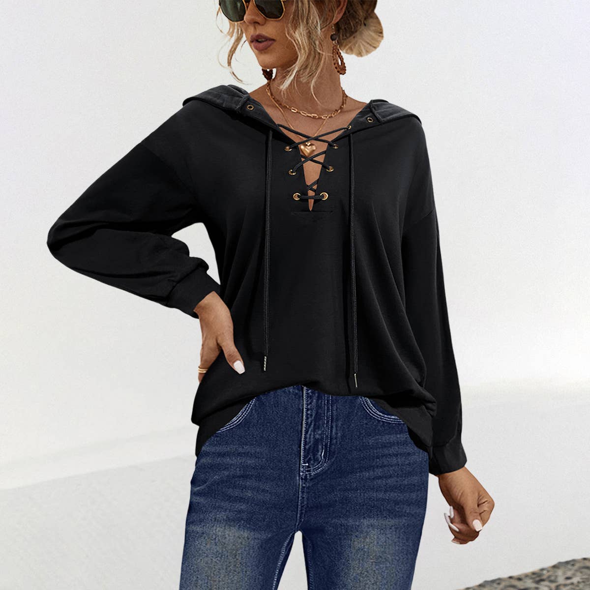 CORNS LACE-UP SOLID COLOR HOODED CASUAL HOODIE