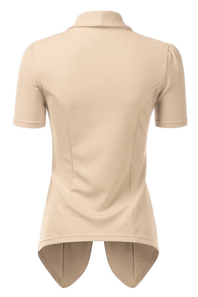 CWOBL095-P_Short Sleeve Open Front Draped Ruffles Blouses