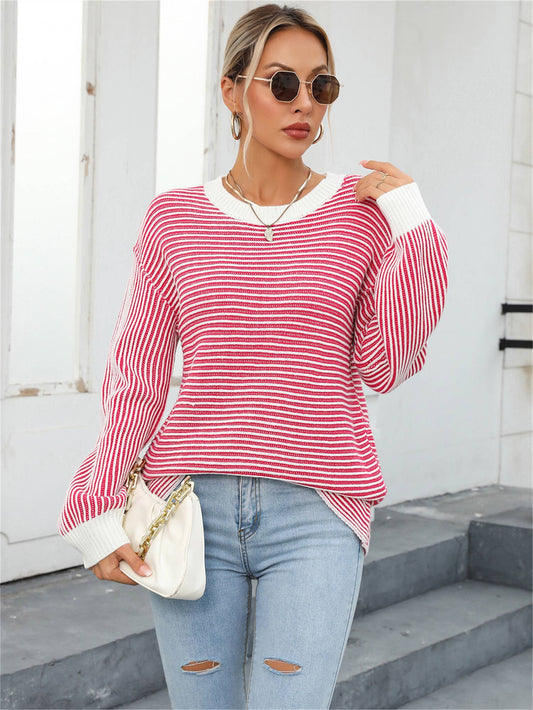 COLOR-MATCHING CREW-NECK PULLOVER STRIPED SWEATER