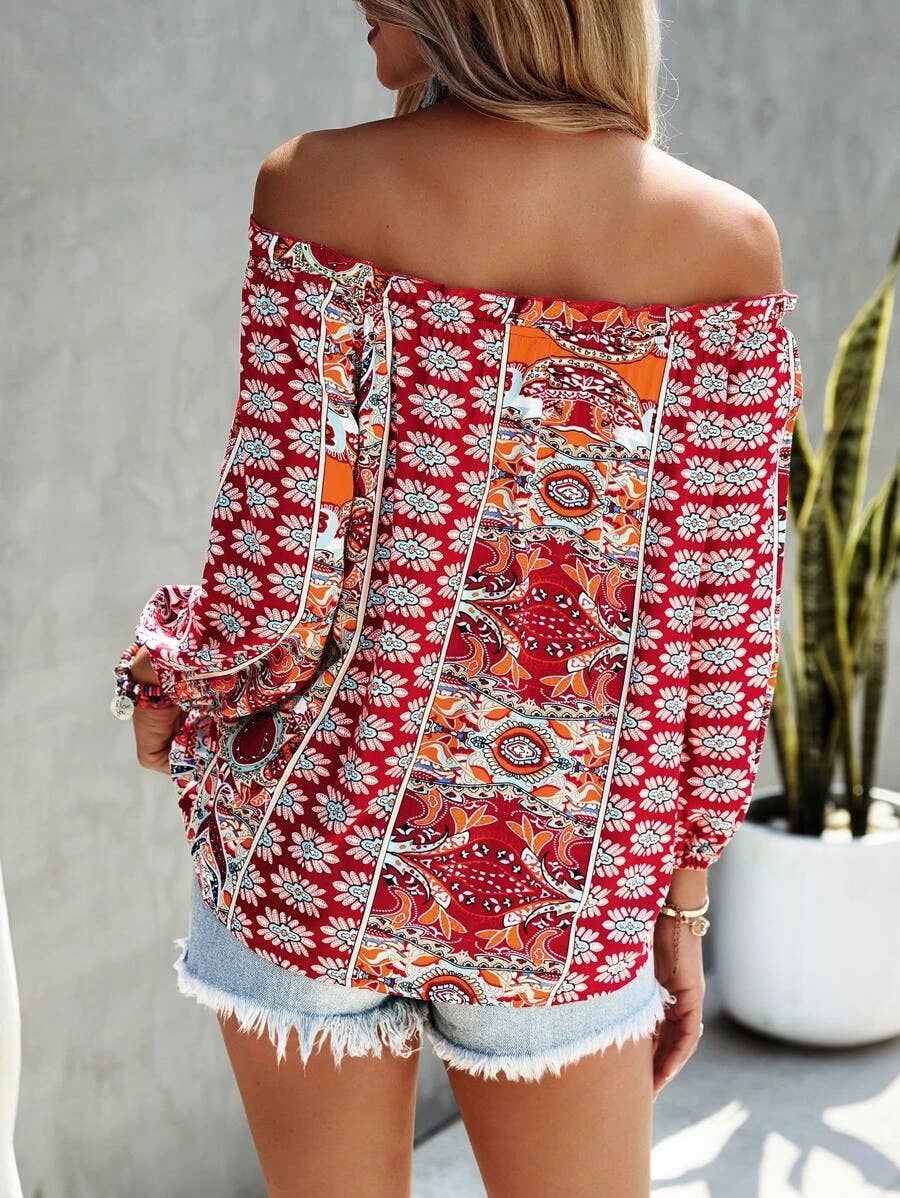 FLORAL PRINT OFF-THE-SHOULDER RUFFLED KNOT SHIRT