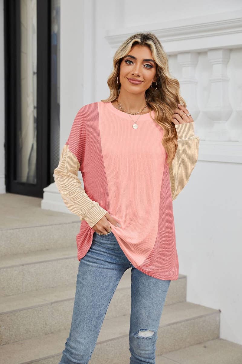 CWTBLL2872_CREW-NECK PATCHWORK LOOSE LONG-SLEEVED TOP