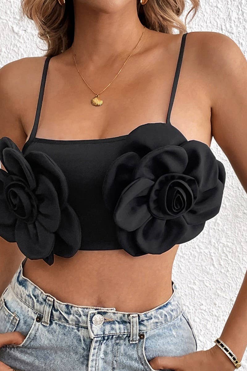 CWTTK0714_SEXY 3D FLOWER BLACK SHORT CAMISOLE