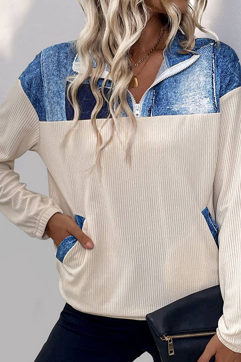 CWTBLL3706_CONTRAST COLOR CASUAL LAPEL PULLOVER SWEATSHIRT