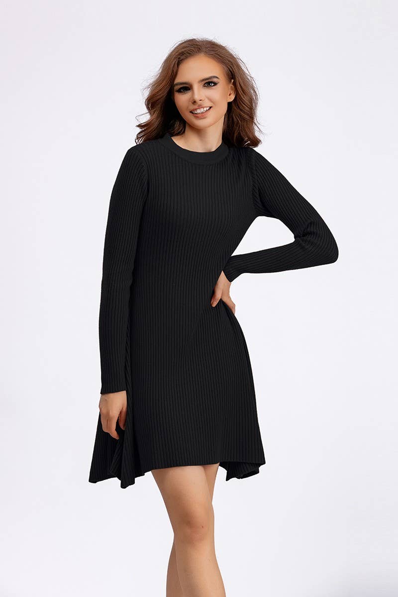 CWDSD10804_SOLID KNIT LONG SLEEVE A-LINE BODYCON DRESS