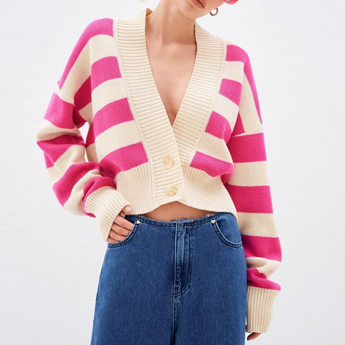 COLOR CONTRAST V-NECK DESIGN SENSE KNIT CARDIGAN