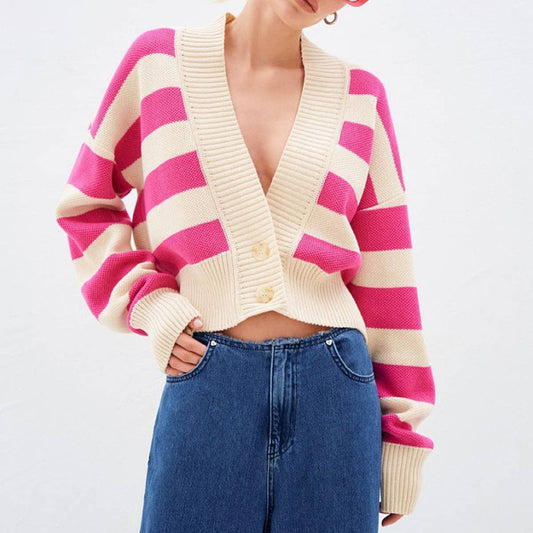 COLOR CONTRAST V-NECK DESIGN SENSE KNIT CARDIGAN