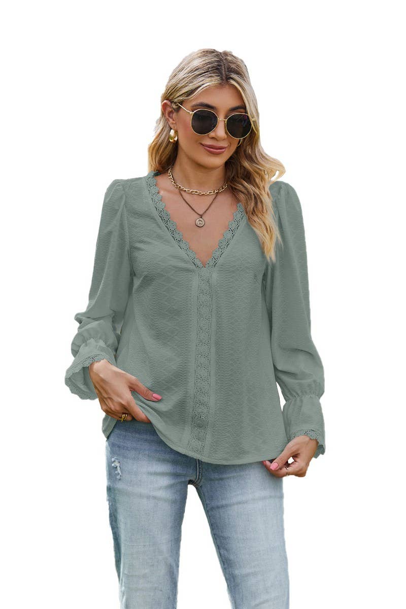 CWTBLL3685_PULLOVER V-NECK LACE LONG-SLEEVED T-SHIRT