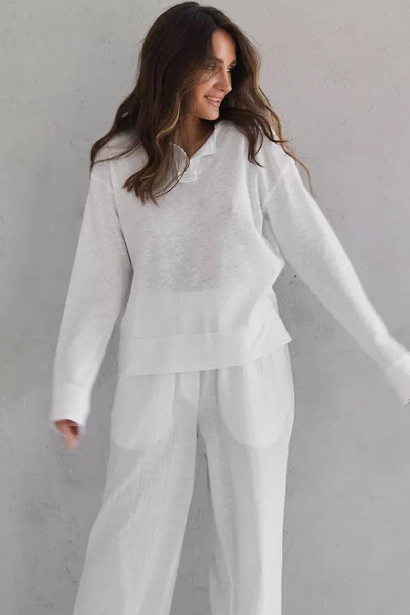 CWSPJ0366_KNITTED WHITE LONG-SLEEVED TROUSERS PAJAMA SET