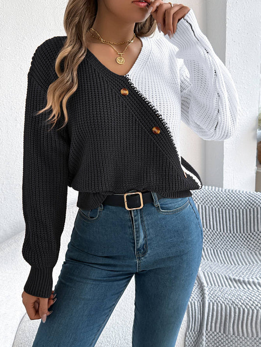 CASUAL V-NECK BUTTON-UP LANTERN SLEEVE SWEATER