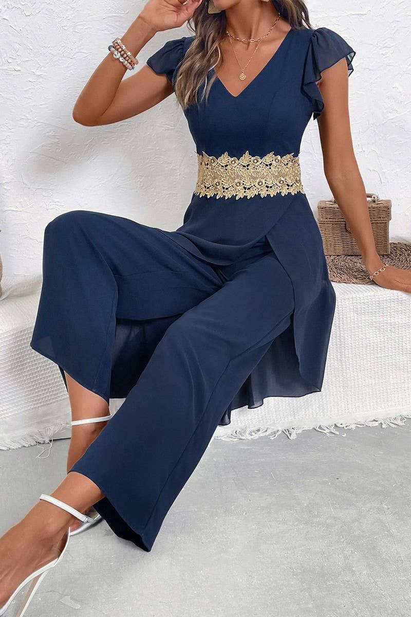 CWSJS1760_SOLID LACE TRIM V-NECK SHORT SLEEVE JUMPSUIT