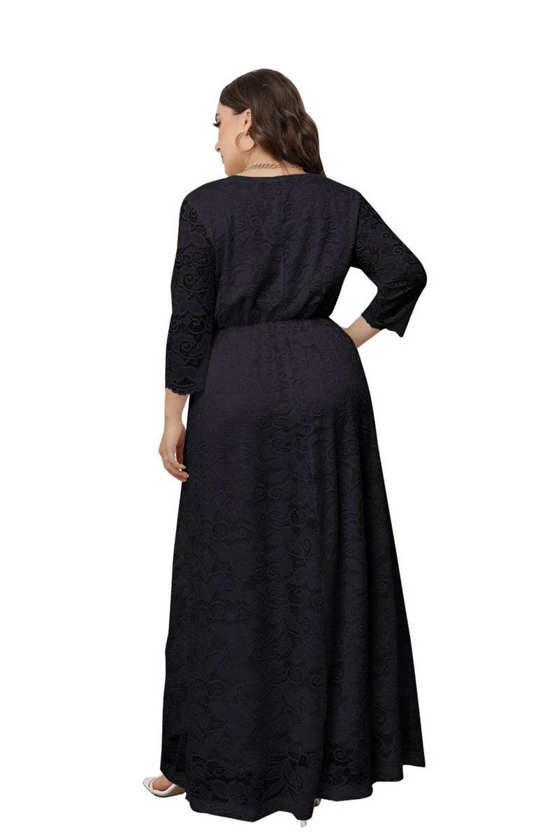 CWDMD3208_PLUS SIZE V NECK LACE LONG GOWN DRESS