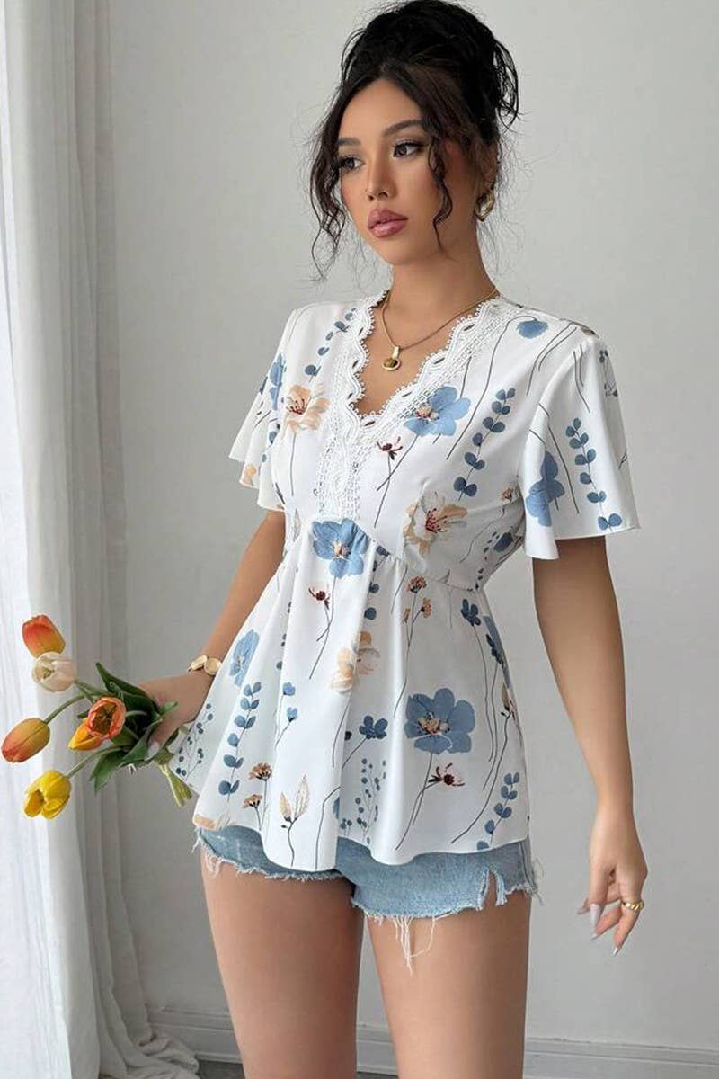 CWTTS1591_SUMMER V-NECK LACE SMALL FLORAL SHIRT