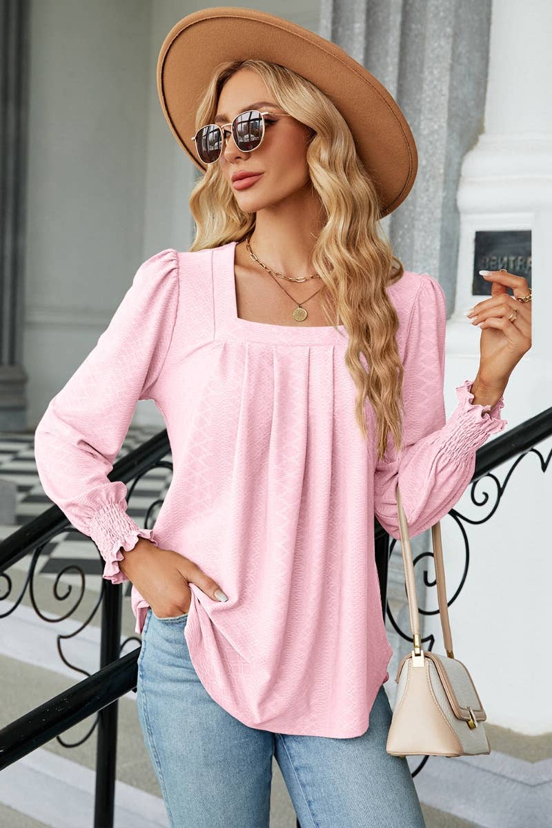 CWTBLL2936_SQUARE NECK JACQUARD PLEATED LONG-SLEEVED TOP