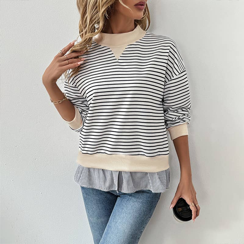 CREW-NECK STRIPED PATCHWORK FAKE TWO TOPS