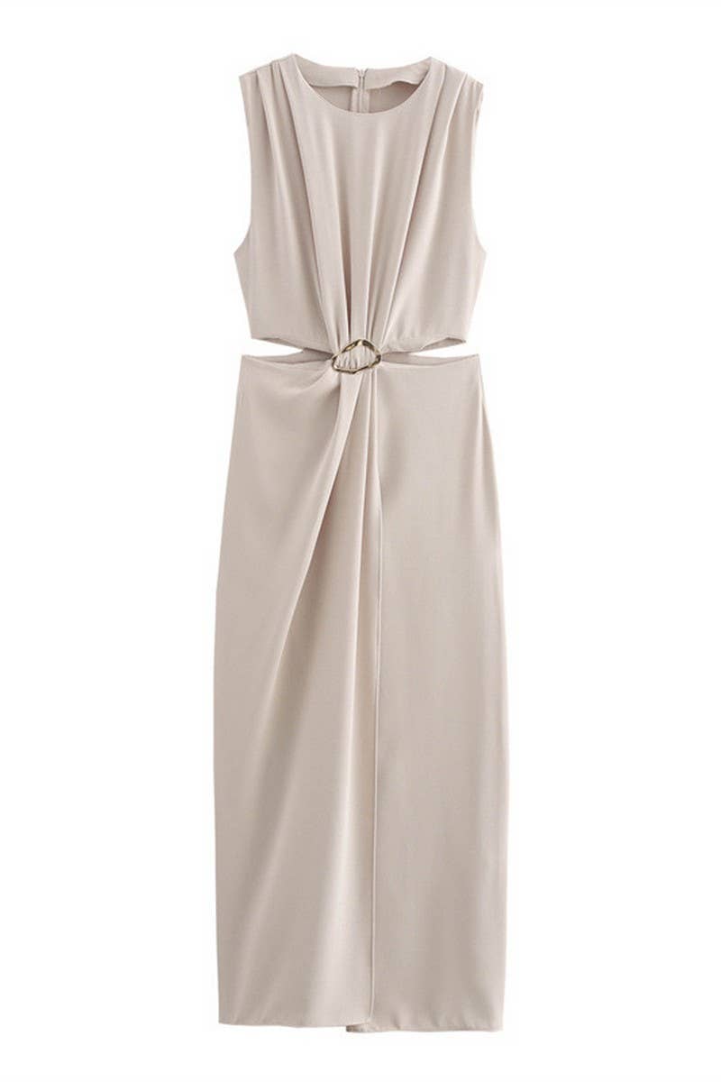 CWDMD4174_ROUND NECK SLEEVELESS PLEATED SHOULDER DRESS