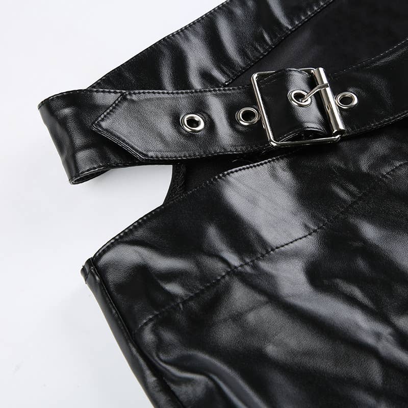 Button-up waist cutout PU leather casual pants