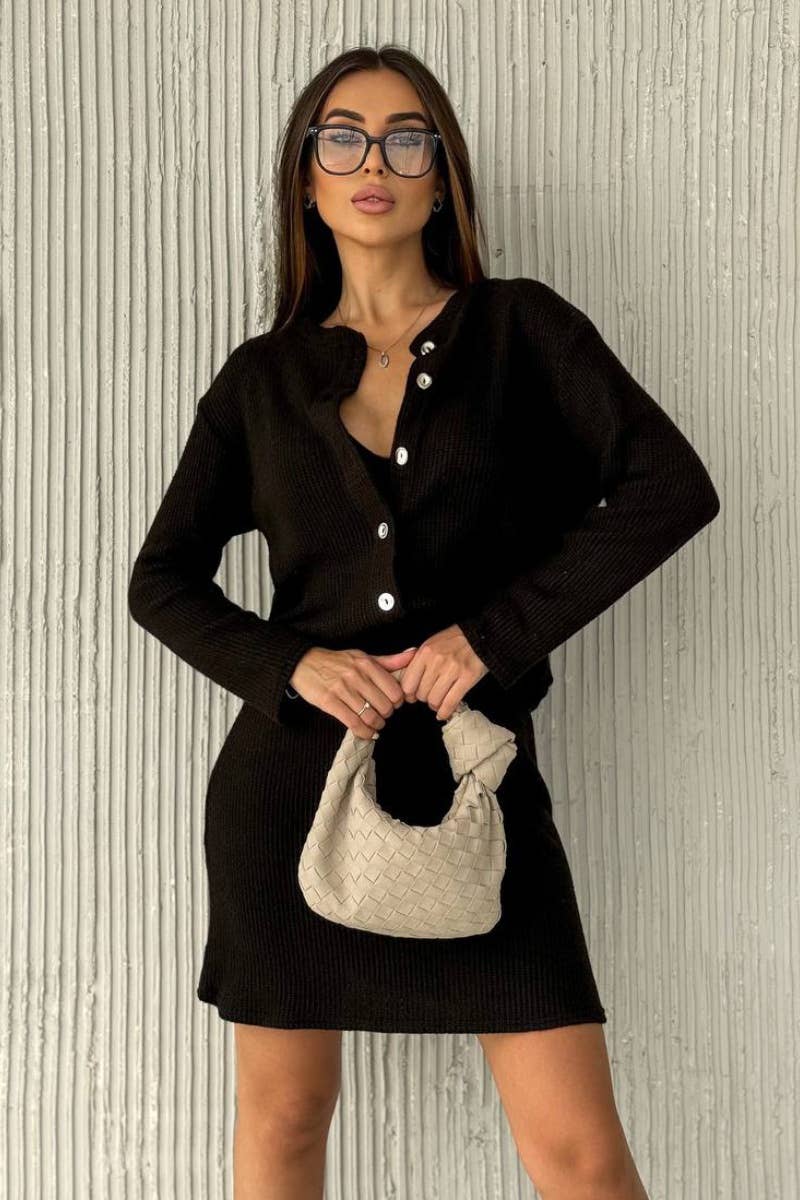 CWSS0799_BUTTON-UP LONG SLEEVE CARDIGAN SWEATER SKIRT SUIT