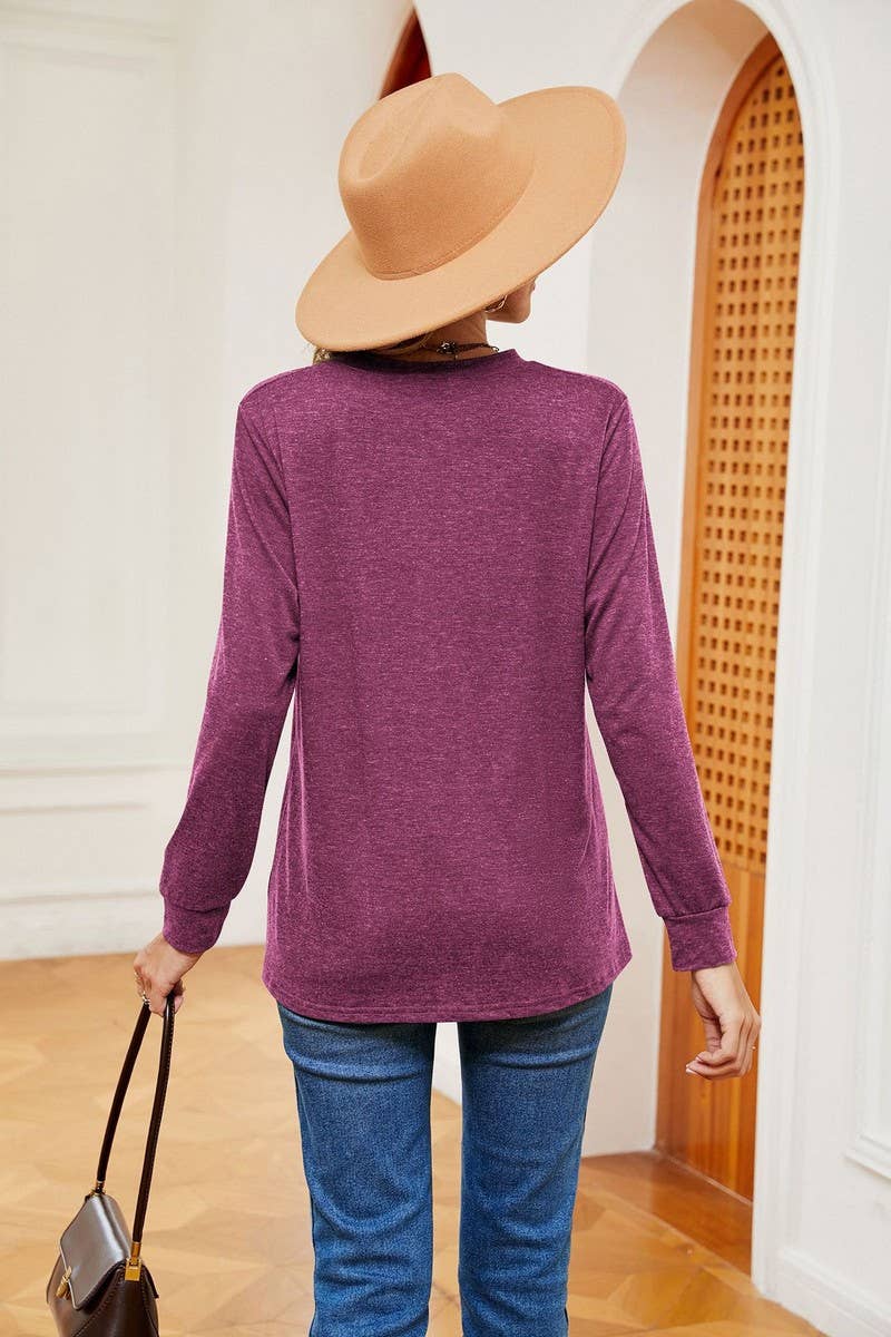 CWTBLL2371_V-NECK BUTTON LONG SLEEVE LOOSE PULLOVER TOP