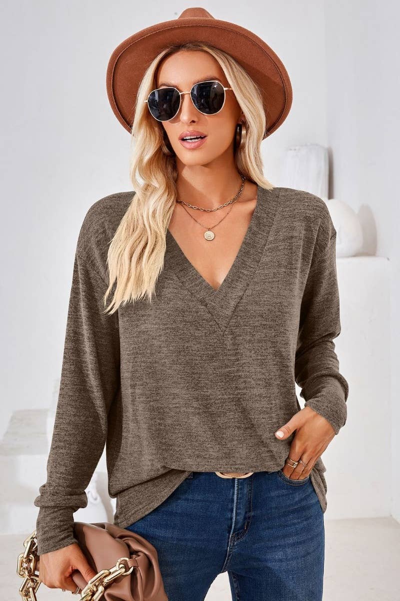 CWTBLL2685_AUTUMN V-NECK LONG SLEEVE SOLID COLOR TOP