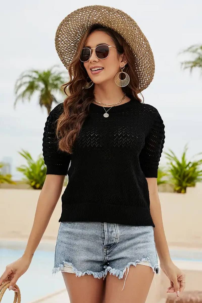 CWTBLS1766_SPRING AND SUMMER HOLLOW SOLID COLOR PULLOVER TOP