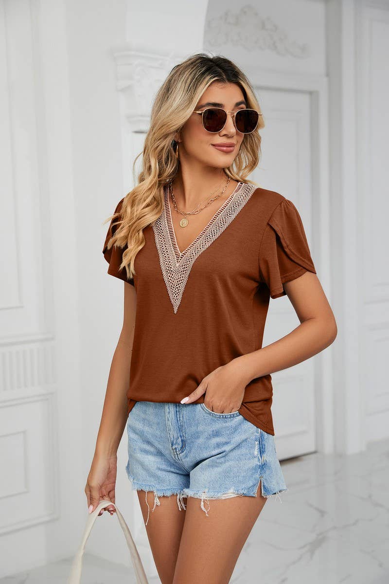 CWTBLS0436_V-Neck Short Sleeve Lace Trim Knit Top