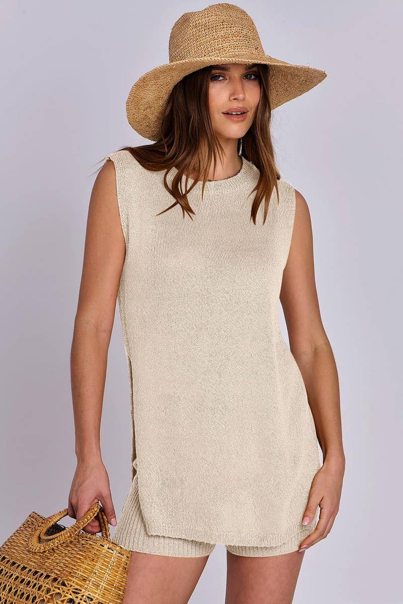 CWSTB1658_SOLID COLOR SLEEVELESS SHORTS KNITTED SUIT