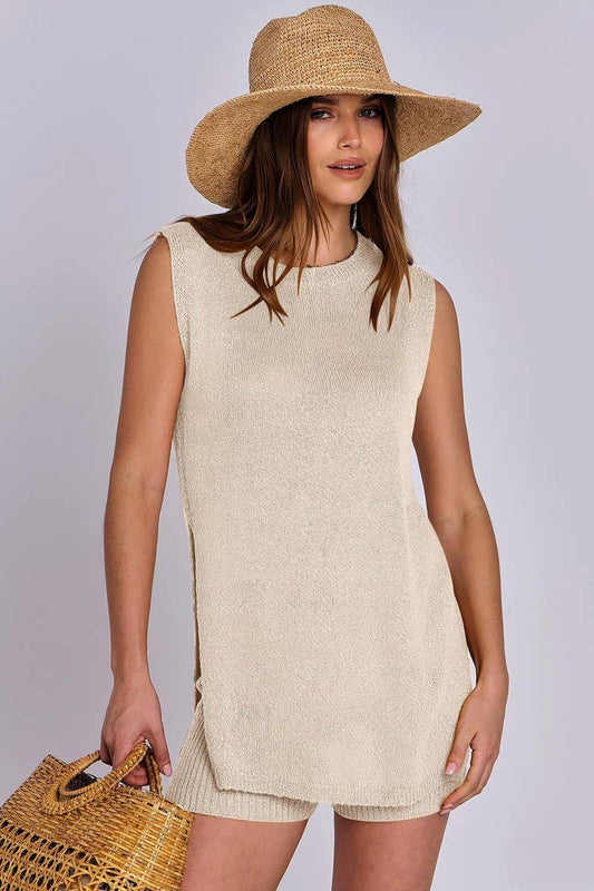 CWSTB1658_SOLID COLOR SLEEVELESS SHORTS KNITTED SUIT