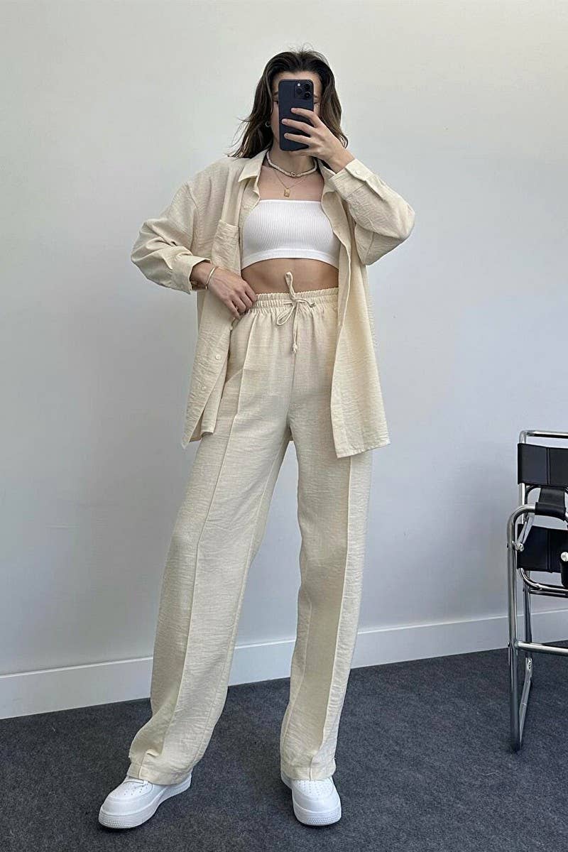 CWSS1061_WOMEN'S LOOSE LONG-SLEEVED SHIRT TWO-PIECE SUIT