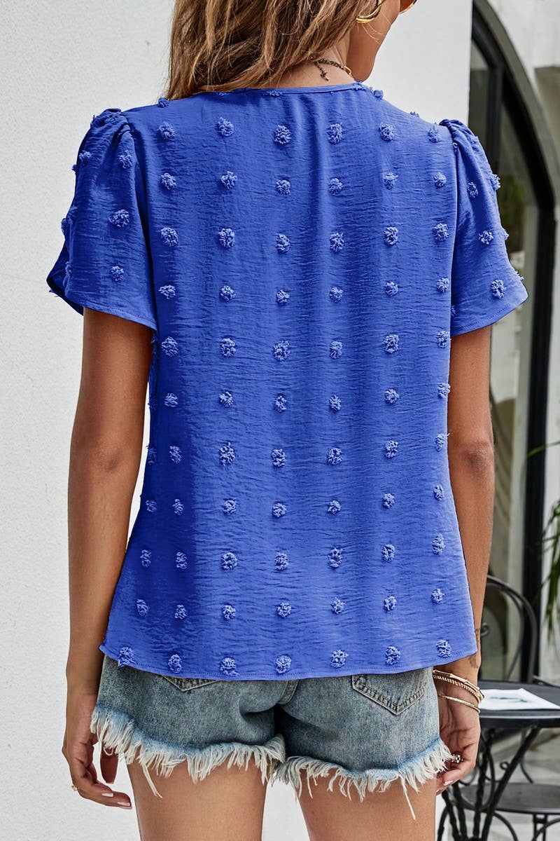 CWTBLS0342_Round neck Short Puff Sleeve Blouse