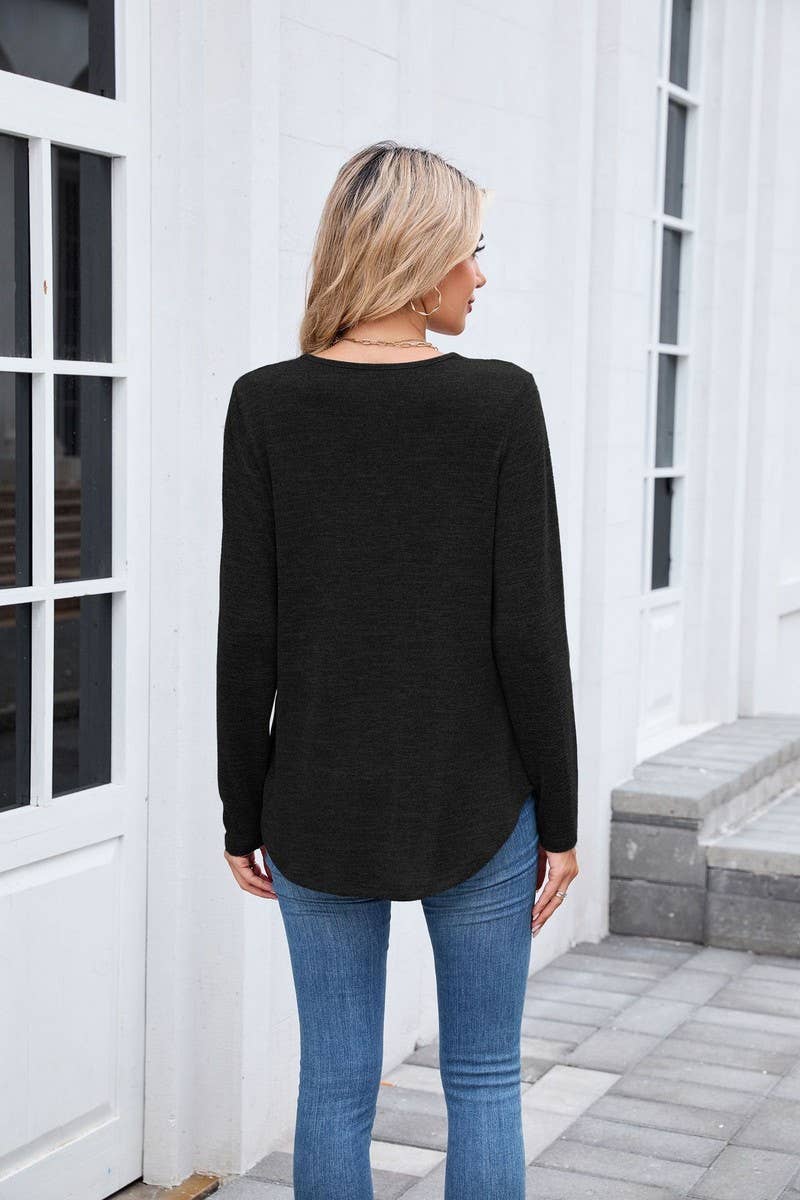 CWTBLL01303_V NECK RUCHED LONG SLEEVE CASUAL LOOSE TEE