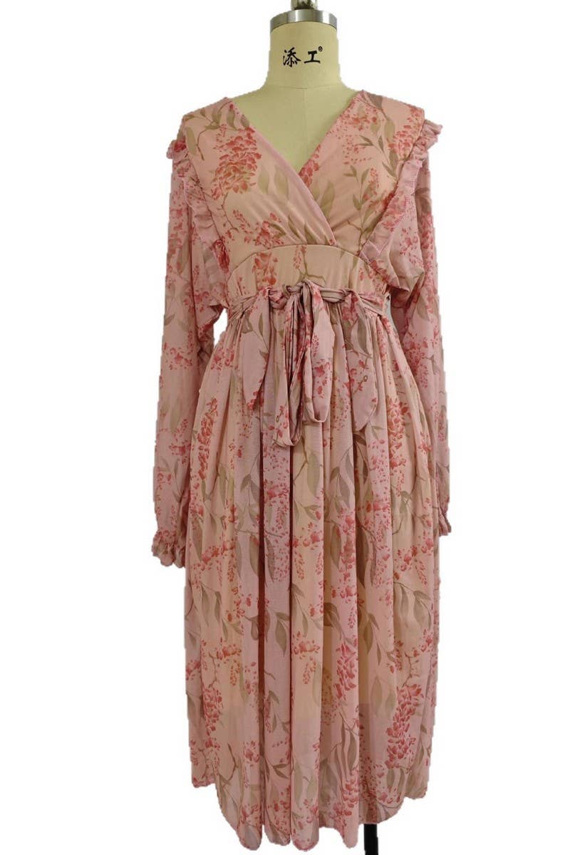 CWDMD01226_FLORAL LANTERN SLEEVE WAIST TIE MAXI DRESS