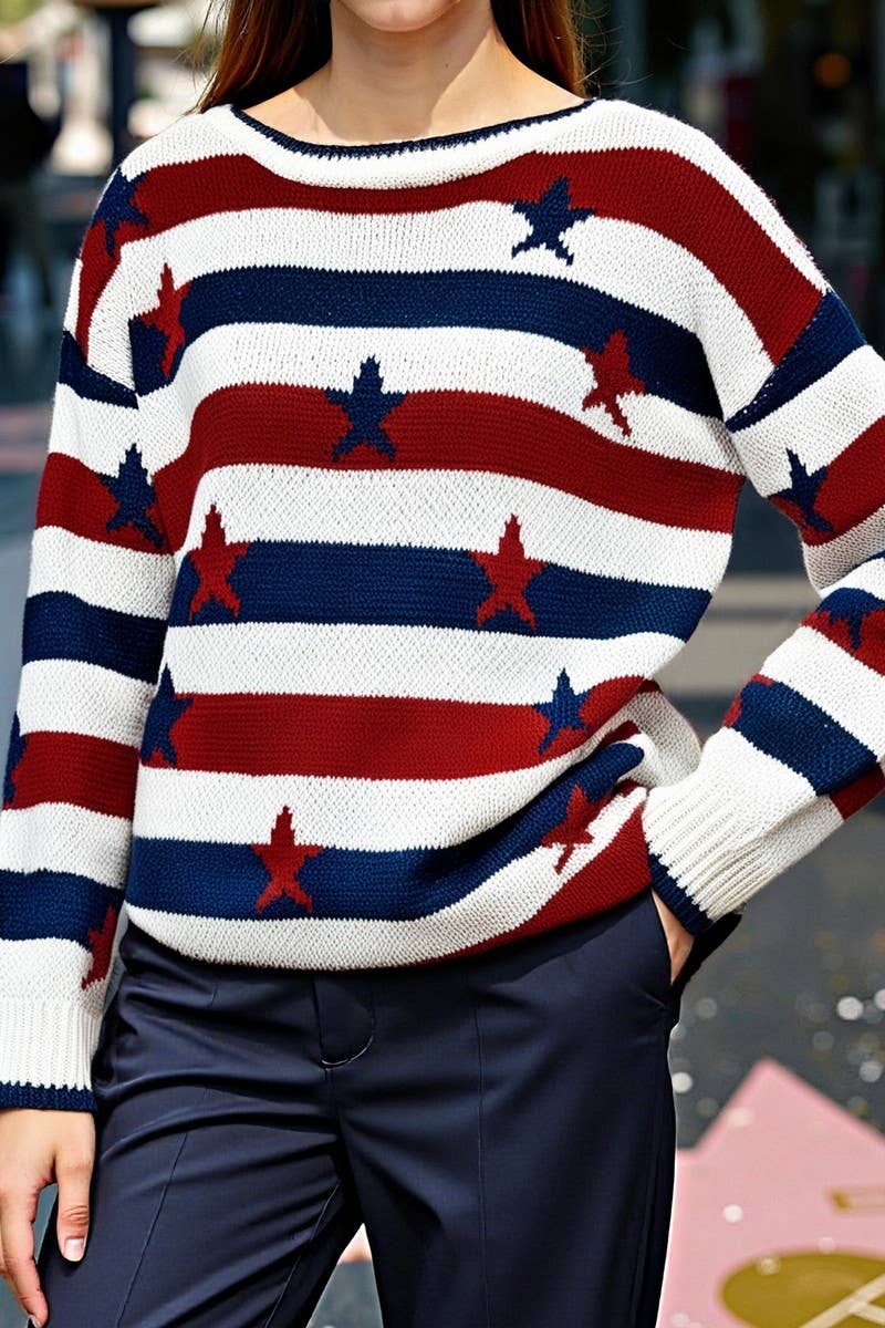 CWOSWL6951_PRINTED FLAG STRIPE OVERSIZED LONG SLEEVE SWEATER