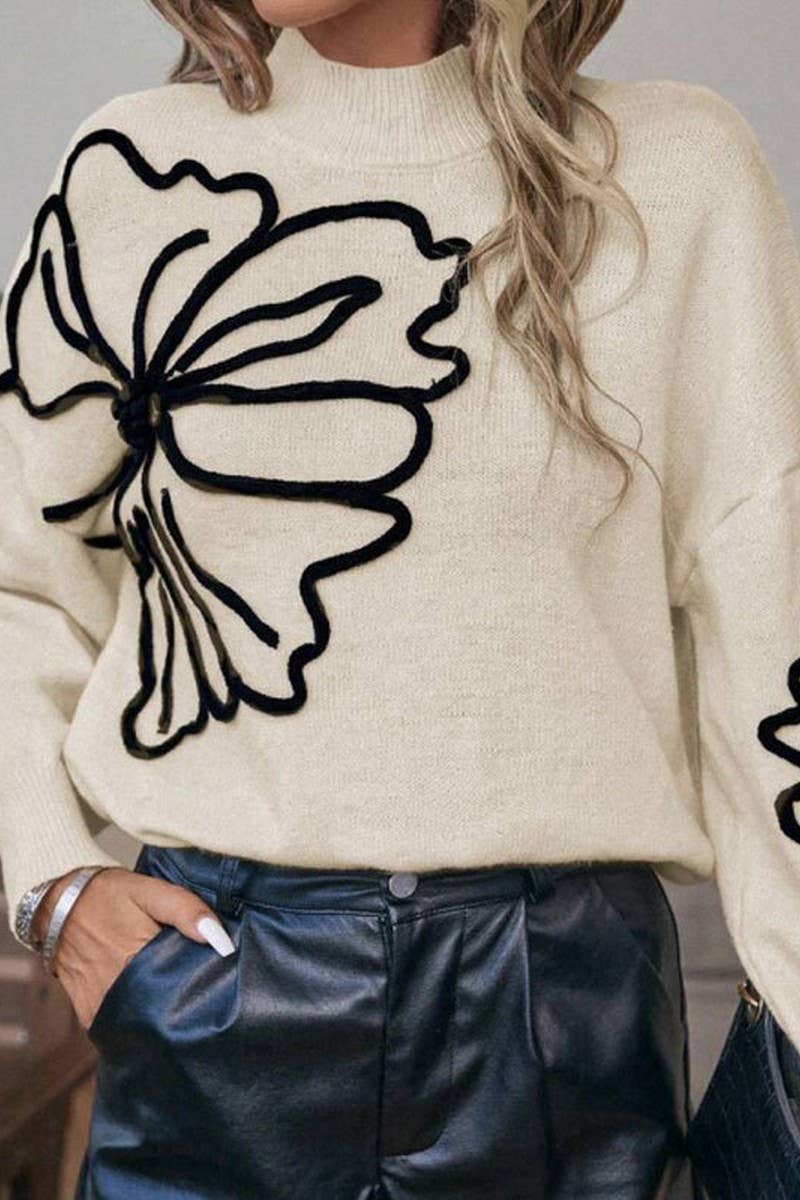 CWOSWL07303_EMBROIDERED 3D FLORAL HIGH NECK KNIT SWEATER