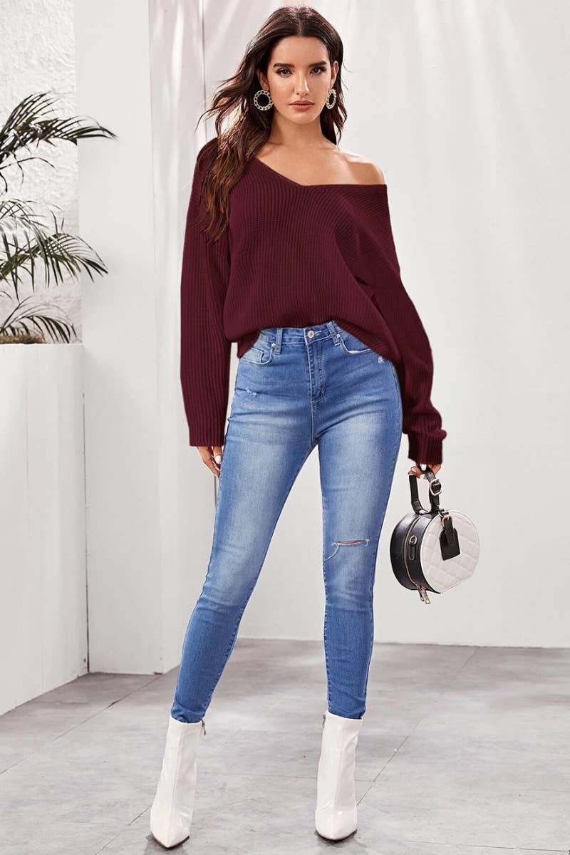 CWOSWL6250_KNIT BACKLESS V-NECK LONG-SLEEVED SWEATER
