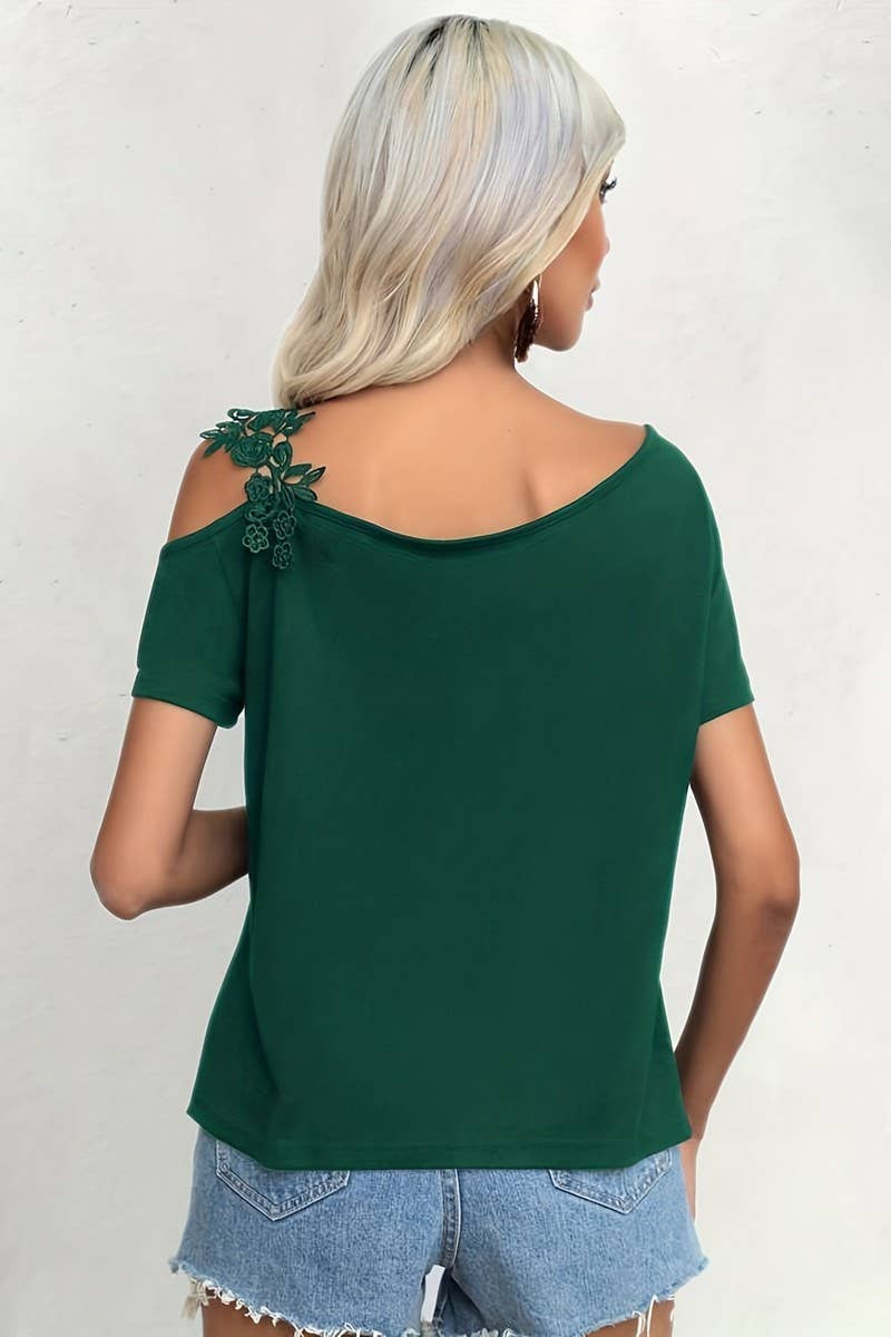 CWTBLS1538_SOLID COLOR STITCHING LACE SHORT-SLEEVED TOP