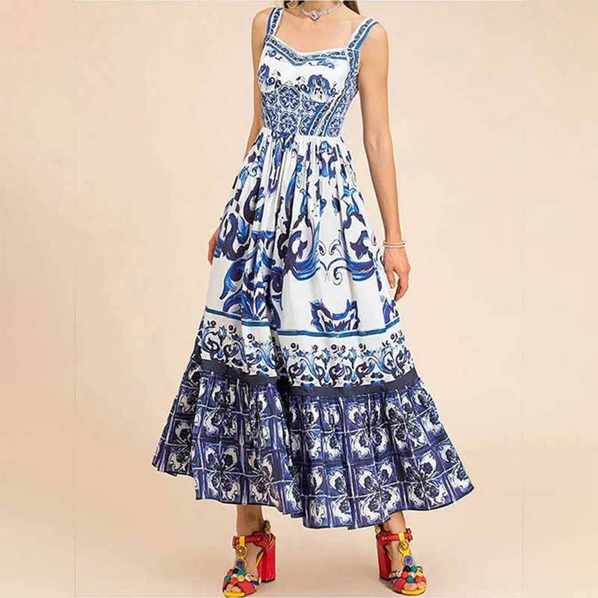 BOHEMIAN STYLE ELEGANT LONG PRINT HALTER DRESS