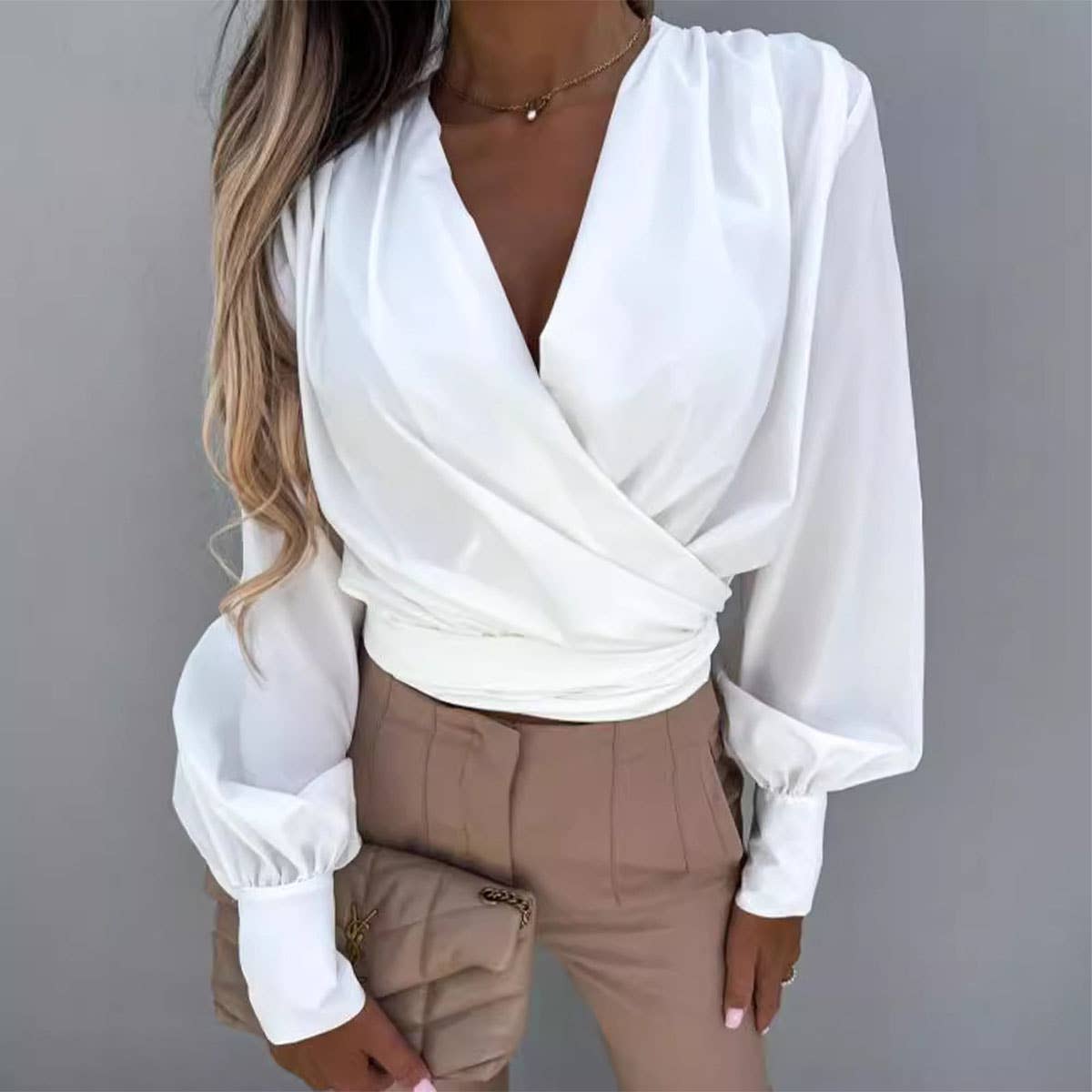 CROSSED DEEP V-NECK SOLID COLOR LONG-SLEEVED TOP