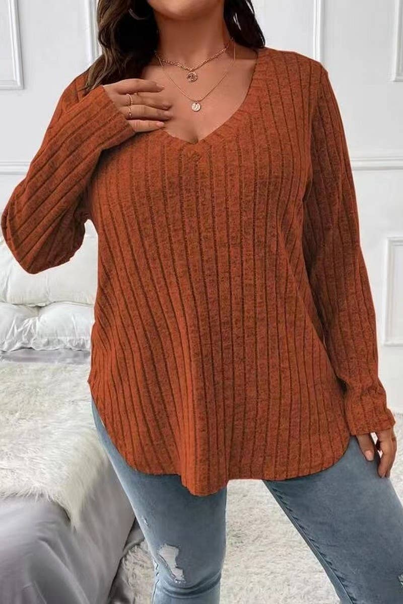 CWTTL1961_SPRING AND AUTUMN V-NECK LARGE SIZE RIBBED TOP