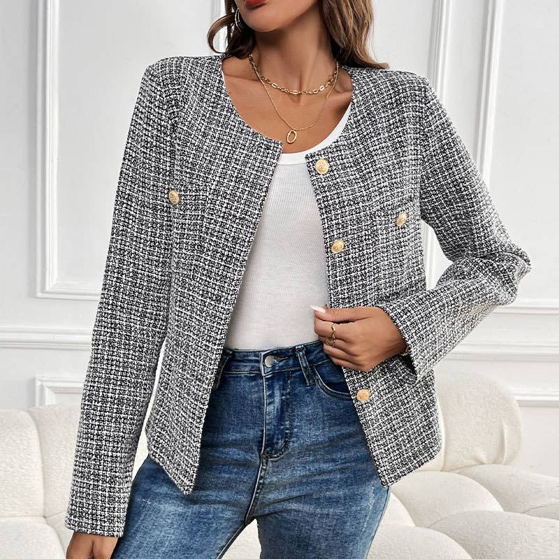 DESIGN SENSE PLAID SINGLE-BREASTED CARDIGAN