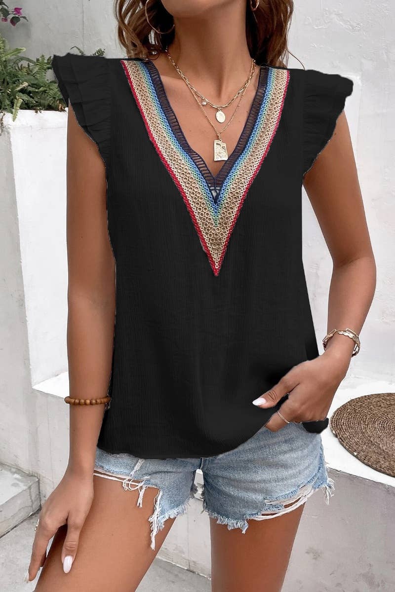 CWTBLSL0245_V-NECK LACE PATCHWORK RUFFLED CASUAL TOP