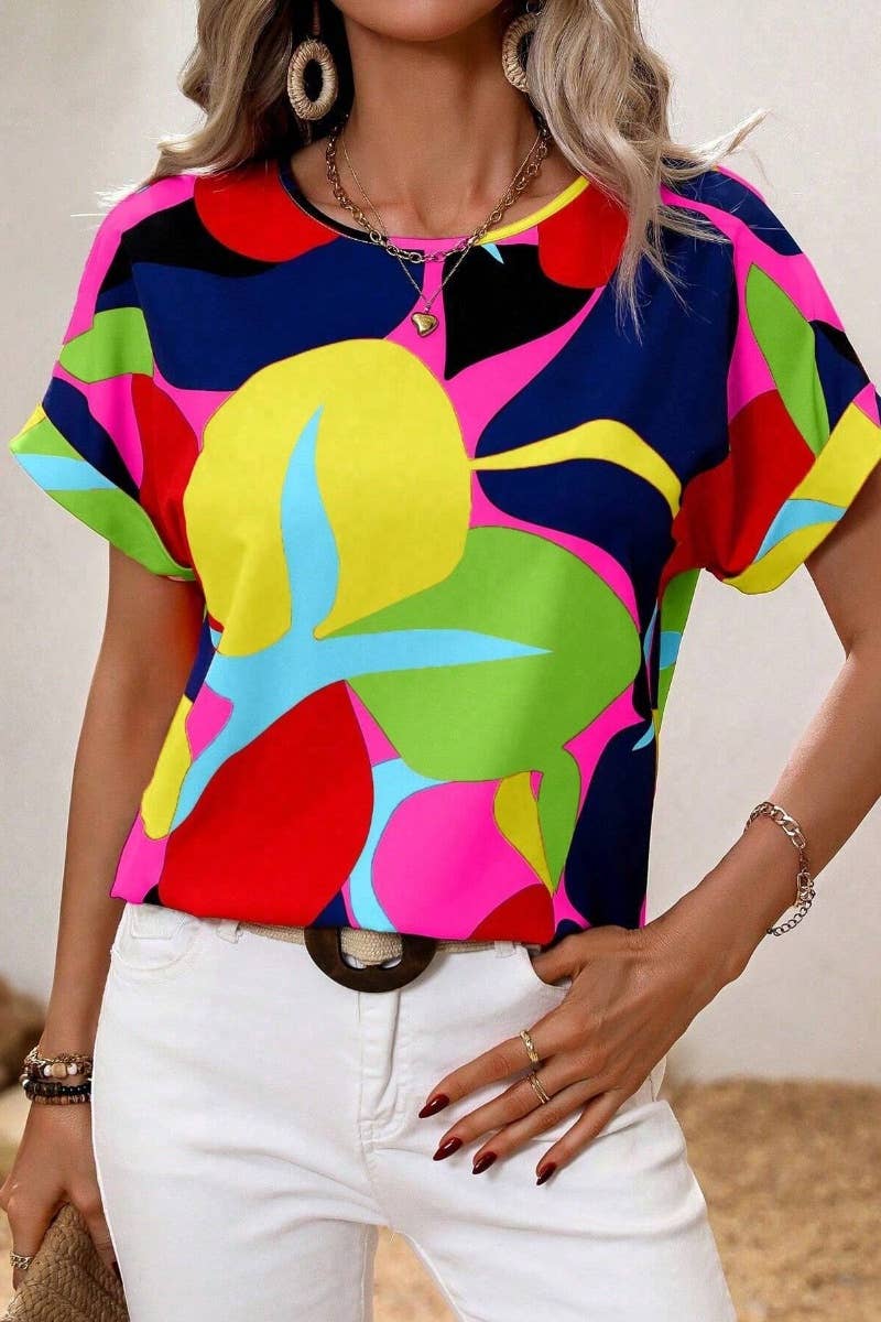 CWTBLS1142_SUMMER PRINT MULTI-COLORED SHORT-SLEEVED TOP