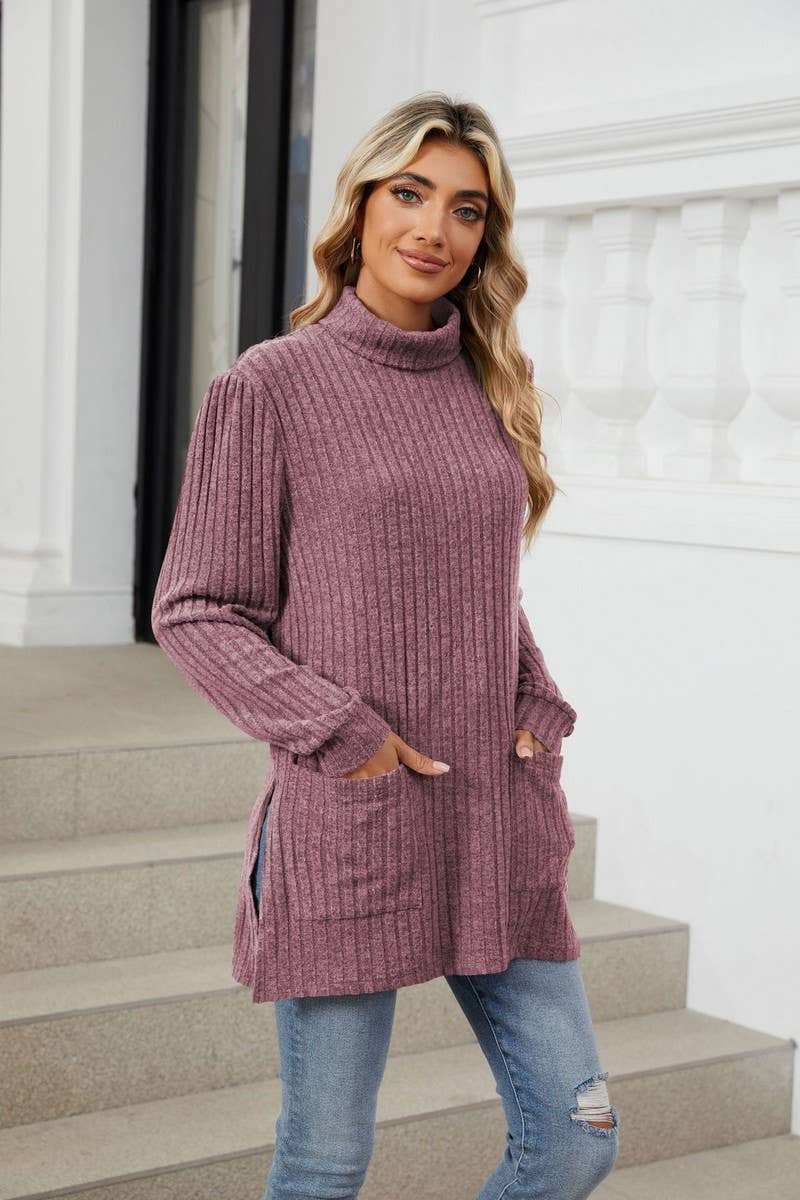 CWTBLL2363_SOLID COLOR HALF TURTLENECK SLIT POCKET TOP