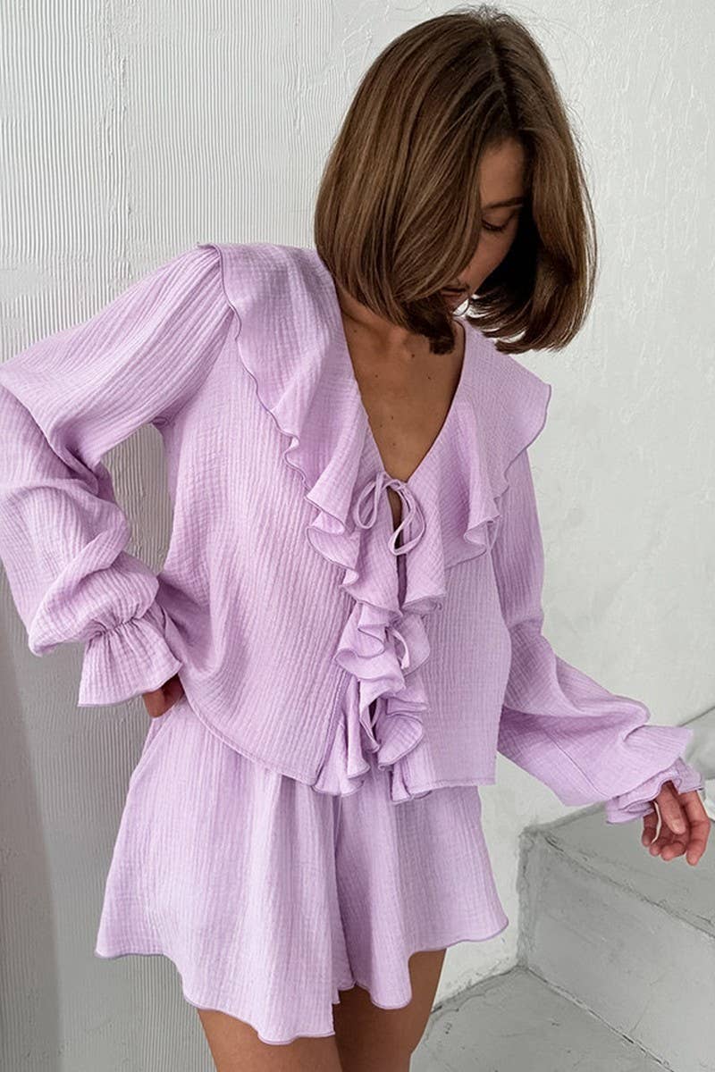 CWSPJ0284_RUFFLED COTTON LONG SLEEVE SHORTS PAJAMA SET