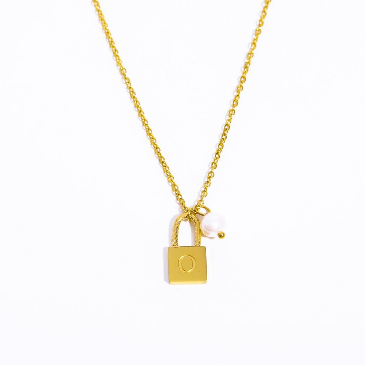 Stainless Steel Letter Pearl Lock Pendant Necklace_CWMM5298